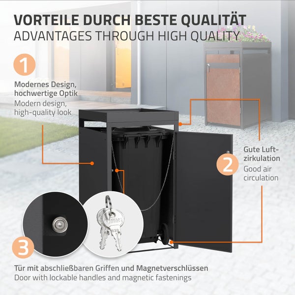 Mülltonnenbox aus Metall mit modernem Design, guter Luftzirkulation und abschließbarer Tür mit Magnetverschluss.