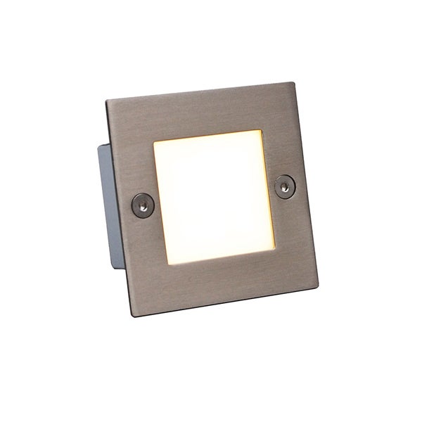 Quadratische LED-Einbauleuchte aus gebürstetem Metall mit warmweißem Licht.