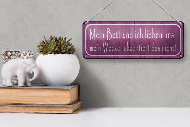 Blechschild Spruch 27x10cm mein Bett und ich lieben uns Dekoration