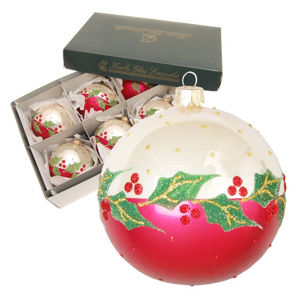 Elfenbein/Rot glanz 8cm Glaskugel mundgeblasen und handdekoriert , 6 Stck., Weihnachtsbaumkugeln, Christbaumschmuck, Weihnachtsbaumanhänger
