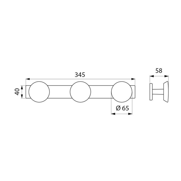 Maßzeichnung einer dreiflammigen Wandleuchte: Breite 345 Millimeter, Höhe 40 Millimeter, Tiefe 58 Millimeter, Durchmesser 65 Millimeter.