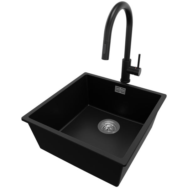 PRIMAGRAN Granitspüle Schwarz 46x47cm, Spülbecken 1 Becken + Küchenarmatur 40x20cm + Ablauf-Set, Küchenspüle ab 50er Unterschrank - London Slim