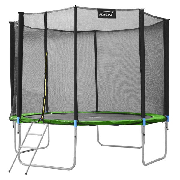 Hauki Trampolin Outdoor, Ø366 cm, Grün, GS geprüft, Rundes Gartentrampolin für Kinder bis 150 kg, Komplettset mit Sicherheitsnetz, Leiter, Randabdeckung, Gepolsterte Stangen, Stabile Kindertrampolin