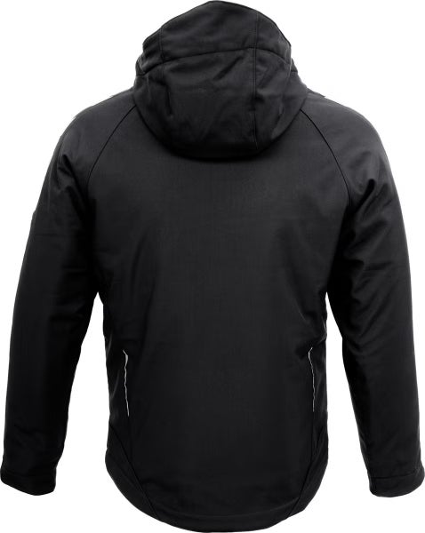 Schwarze Arbeitsjacke mit Kapuze, Rückansicht.