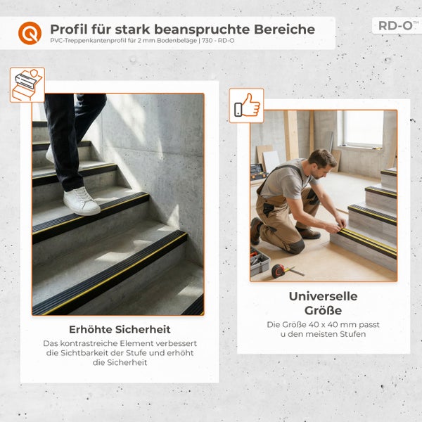 PVC Treppenkantenprofil, 40 mal 40 Millimeter, für stark beanspruchte Bereiche, montiert auf Betontreppe für Sicherheit und gute Sichtbarkeit.