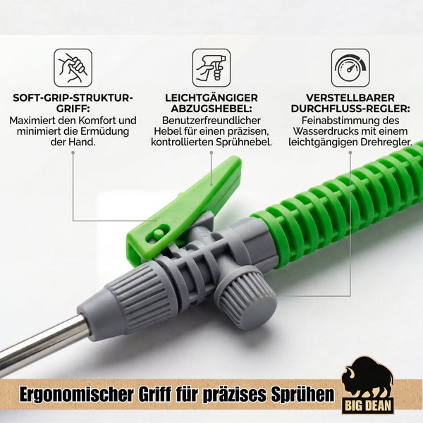 Detaillierte Ansicht der Sprühlanze mit Soft-Grip-Griff, Abzugshebel und Durchflussregler zur präzisen Bewässerung und Unkrautbekämpfung.
