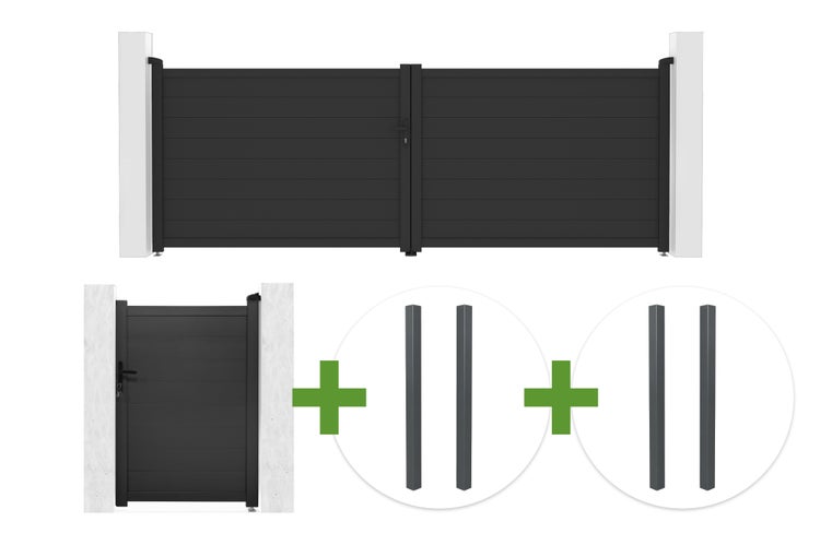 Set aus zweiflügeligem Einfahrtstor, einflügeliger Gartentür und Pfosten aus Aluminium mit horizontalen Lamellen.