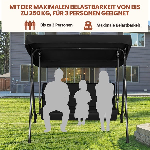 Schwarze Hollywoodschaukel für drei Personen mit Sonnendach im Garten, maximale Belastbarkeit 250 Kilogramm.