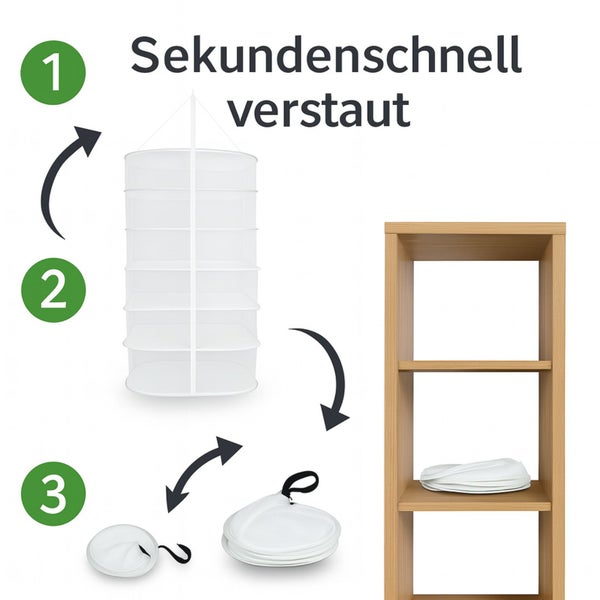 Darstellung der einfachen Aufbewahrung einer Hängevorrichtung zum Trocknen in drei Schritten