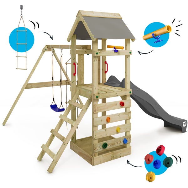 WICKEY Spielturm Klettergerüst FreeFlyer mit Schaukel und Rutsche, Kletterturm mit Sandkasten, Leiter und Spiel-Zubehör - anthrazit