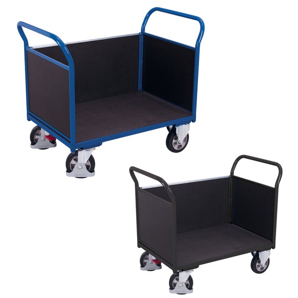 Transportwagen mit drei Wänden aus Holzwerkstoffplatten, Stahlrahmen, vier Lenkrollen und zwei Feststellern, in Blau und Anthrazit.