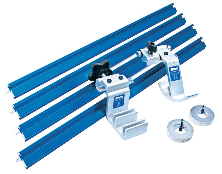 Kreg Precision Trak und Stop System mit vier Führungsschienen aus Aluminium, zwei Anschlägen und zwei Messbändern für die Holzbearbeitung.