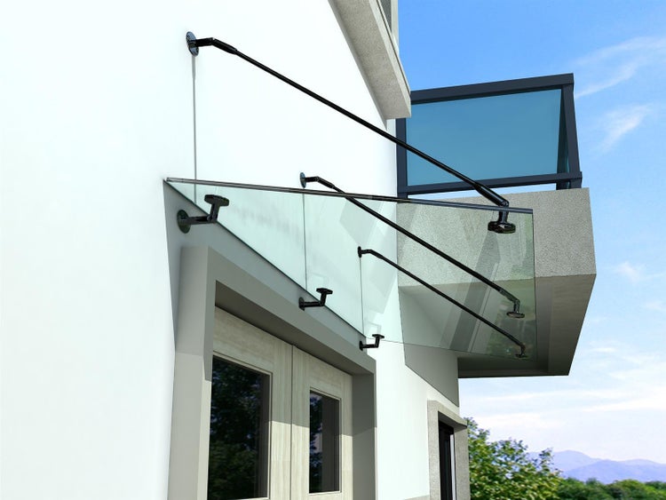 BuyLando (3STR) 230x90 cm Klarglas Glasvordach inkl. Edelstahlhalter in Schwarz