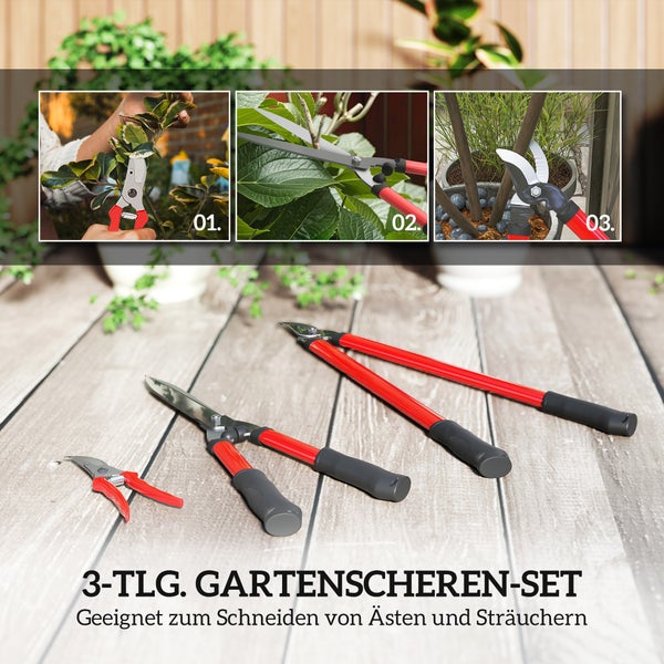 Dreiteiliges Gartenscheren Set zum Schneiden von Ästen und Sträuchern