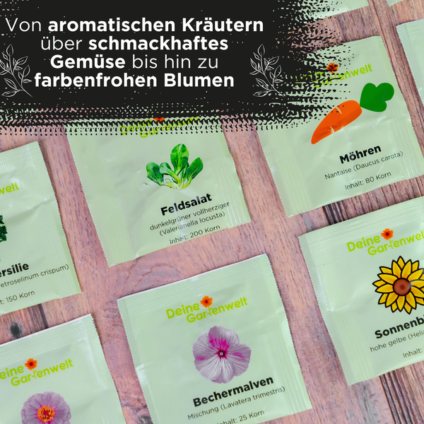 Verschiedene Samentüten für Kräuter, Gemüse und Blumen der Marke Deine Gartenwelt.