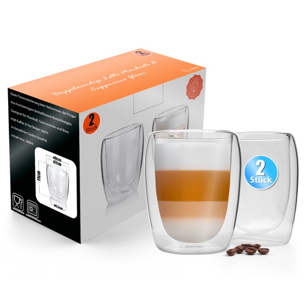 Doppelwandiges Glas geeignet für Heiß- und Kaltgetränke mit Kaffeebohnen.
