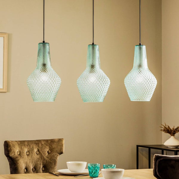 Lindby Pendelleuchte Drakar (Retro, Vintage Antik) in Blau aus Glas (3 flammig E27) - Hängelampe Esstischlampe Hängeleuchte Wohnzimmerleuchte