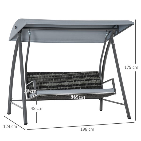Outsunny Hollywoodschaukel, 3-Sitzer, mit Dach, 198 x 124 x 179 cm, Polyrattan+Metall, Grau