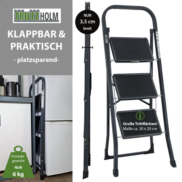 Klappbare Trutzholm Haushaltsleiter mit drei Stufen, 3,5 Zentimeter Breite im zusammengeklappten Zustand und 6 Kilogramm Gewicht.