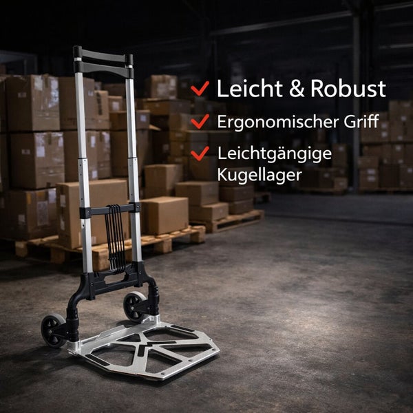 Faltbare Transportkarre aus Metall in einem Lager mit Text zu Produktvorteilen wie leicht, robust und kugelgelagerte Räder.