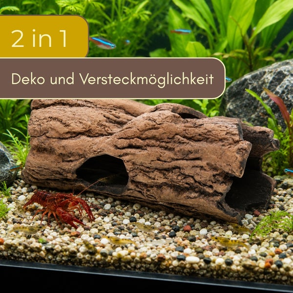 Aquarium-Dekoration Baumstamm als Versteckmöglichkeit für Fische und Krebse in einem bepflanzten Aquarium mit Kiesboden.
