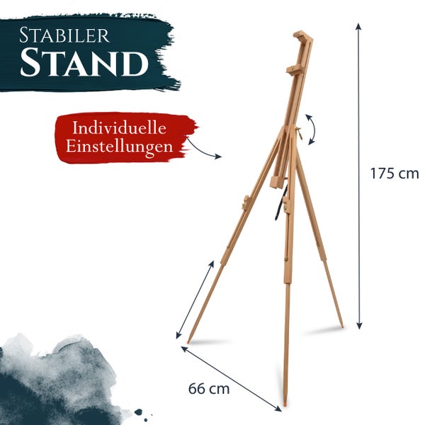 Holz Staffelei mit 175 Zentimeter Höhe und 66 Zentimeter Breite für individuelle Einstellungen und einen stabilen Stand.