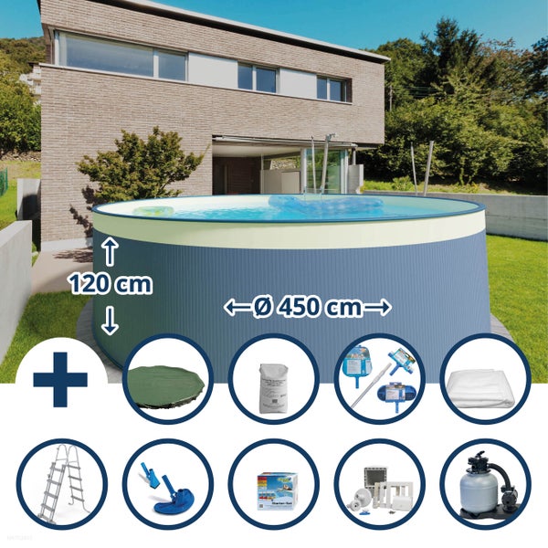 Rundpoolset mit Leiter, Poolabdeckung, Sandfilteranlage und Poolreiniger, Durchmesser 450 Zentimeter, Höhe 120 Zentimeter