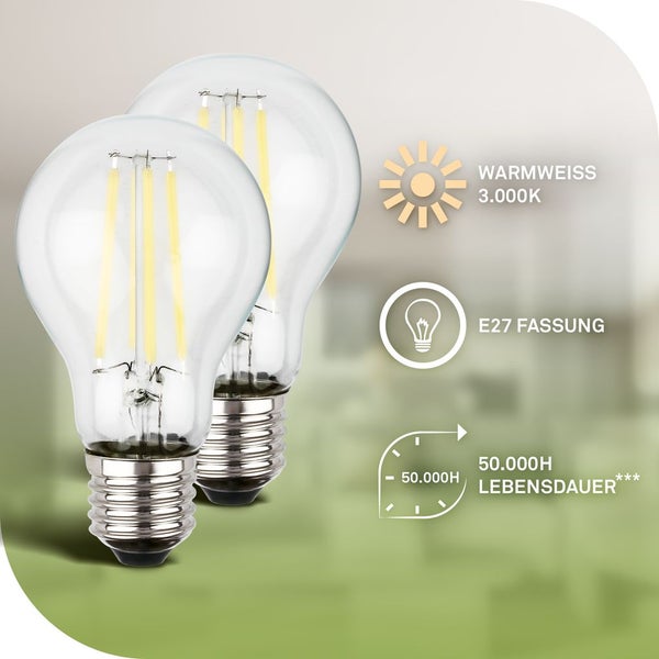 Zwei LED-Filament-Lampen mit E27-Fassung, warmweißem Licht mit 3000 Kelvin und 50000 Stunden Lebensdauer.