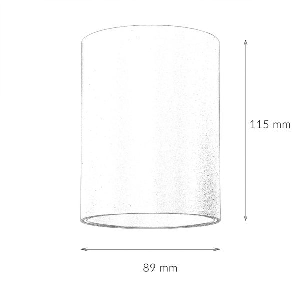 Abmessungen einer zylindrischen Leuchte: 89 mm breit und 115 mm hoch
