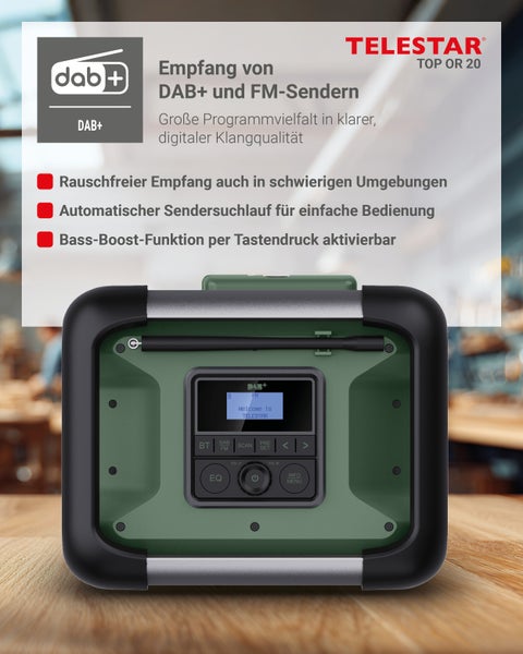 Telestar Top OR 20 Baustellenradio mit DAB Plus und FM Empfang, automatischem Sendersuchlauf und Bass Boost Funktion.