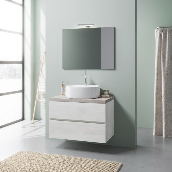 Modernes Badezimmer-Set bestehend aus weißem Waschtischunterschrank mit zwei Schubladen, runder Aufsatzwaschschale, Wandspiegel und LED-Beleuchtung.