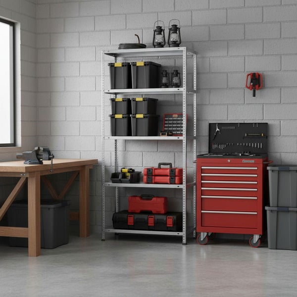 Organisierte Werkstatt mit silbernem Metallregal, Holzwerkbank mit Schraubstock und rotem Werkstattwagen vor einer hellgrauen Ziegelwand.