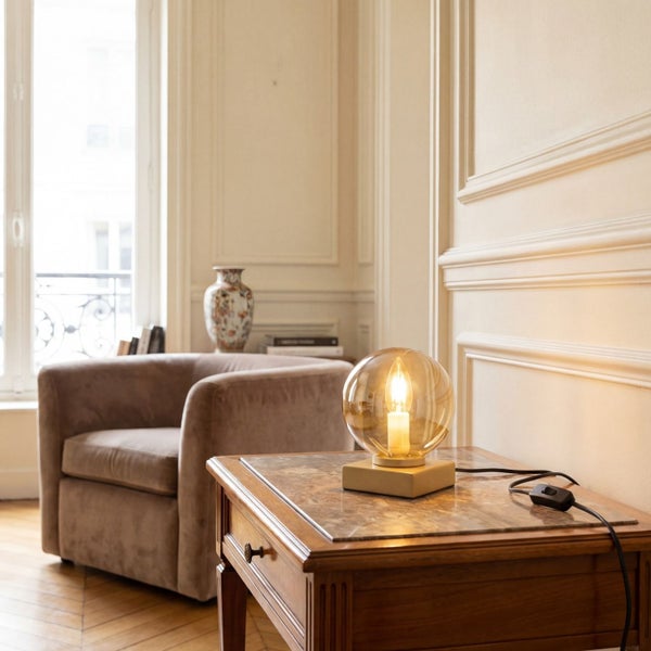 Tischleuchte mit kugelförmigem Glasschirm auf Holzbeistelltisch mit Marmorplatte neben Sessel in hellem Raum mit klassischen Wandpaneelen.