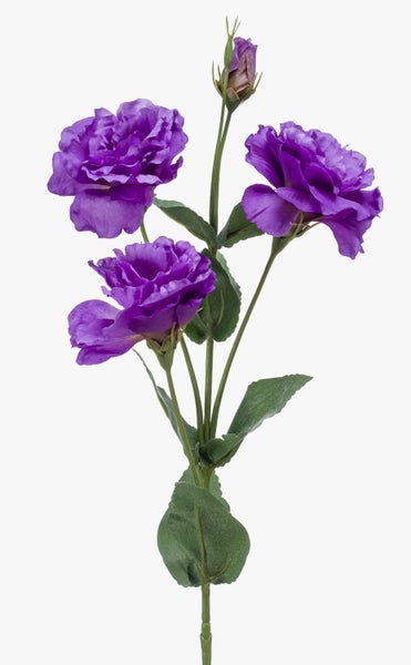 Künstliche Lisianthus mit violetten Blüten, einer Knospe und grünen Blättern.