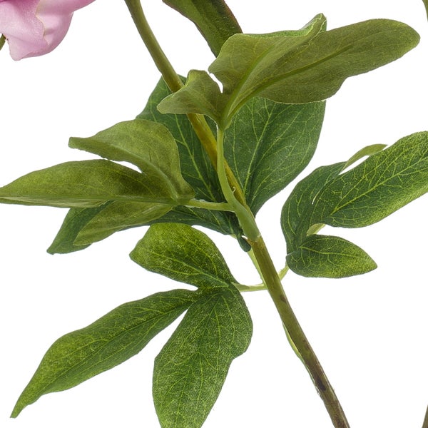 Detailaufnahme eines künstlichen Pflanzenstiels mit grünen Blättern und einer rosa Blüte.