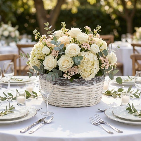 Blumenarrangement mit Rosen und Hortensien in einem Weidenkorb auf einem festlich gedeckten Tisch im Freien.
