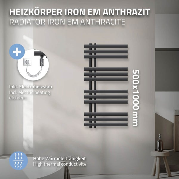ECD Germany Iron EM Design Badheizkörper Elektrisch 500 x 1000 mm Anthrazit mit Heizstab 600W Chrom Große Leistung - Designheizkörper Paneelheizkörper Heizkörper Handtuchwärmer Handtuchtrockner