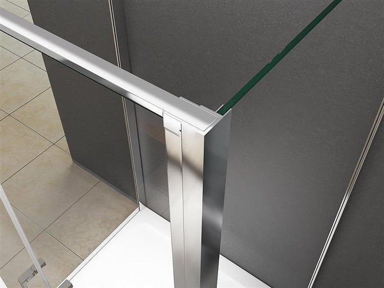 Detailaufnahme einer Duschkabine mit Rahmen und Glaselementen