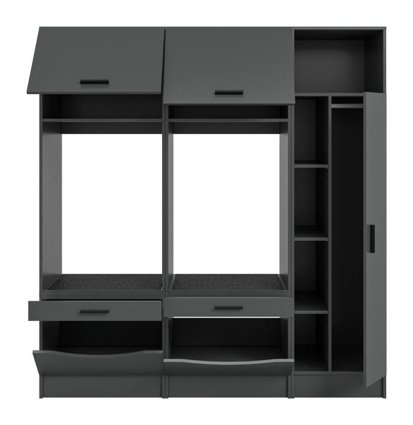 Dunkelgraue Schrankwand mit verschiedenen Fächern, Schubladen, Klappen und einem hohen Seitenschrank.