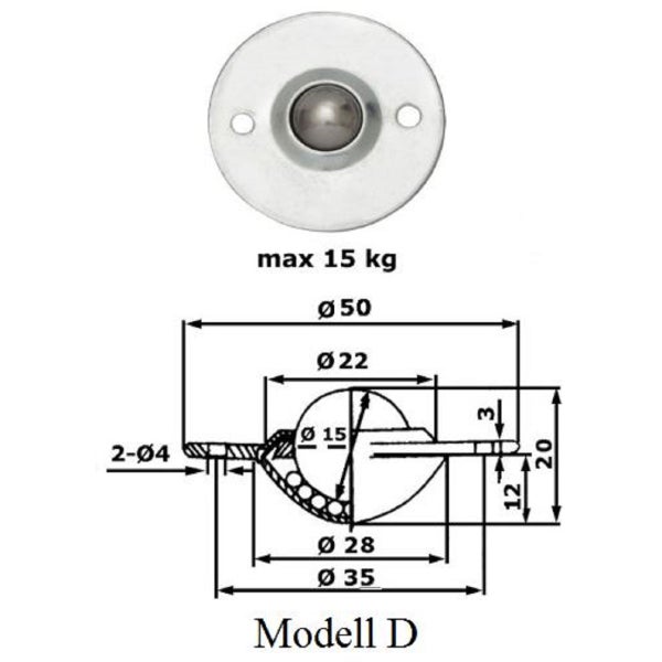 Kugelrolle Modell D mit einer Tragkraft von 15 Kilogramm und einer technischen Maßzeichnung für die Montage.