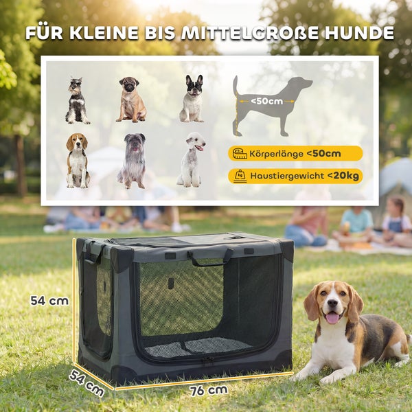 Faltbare Hundetransportbox grau mit Netzfenstern, Maße 76 mal 54 mal 54 Zentimeter, geeignet für Hunde bis 20 Kilogramm und 50 Zentimeter Länge.