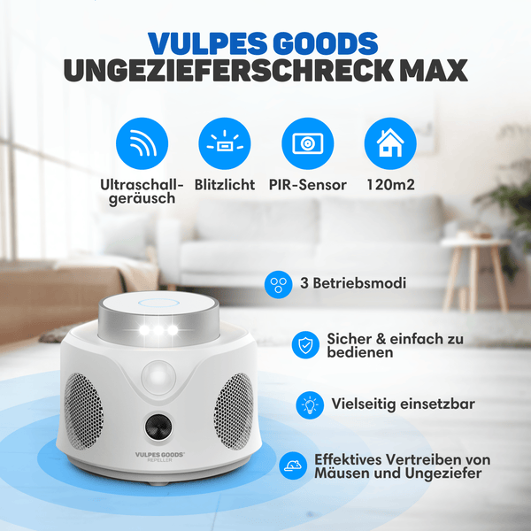 Vulpes Goods Ultraschall-Schädlingsvertreiber MAX – Umweltfreundliche Anti-Nager-Lösung für Innen- und Außenbereiche – 360°