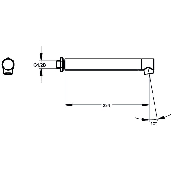 Technische Zeichnung eines Wandauslaufs mit einer Länge von 234 Millimetern, G 1/2 B Anschlussgewinde und 10 Grad Auslaufwinkel.