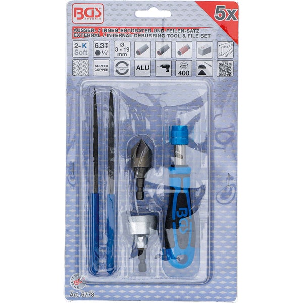 BGS technic Außen- und Innenentgrater- und Feilensatz, 5-teilig, für Kupfer, Kunststoff und Aluminium, Durchmesser 3 bis 19 Millimeter.