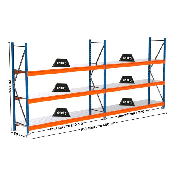 Stahlregal mit drei Ebenen und Gewichtsangabe