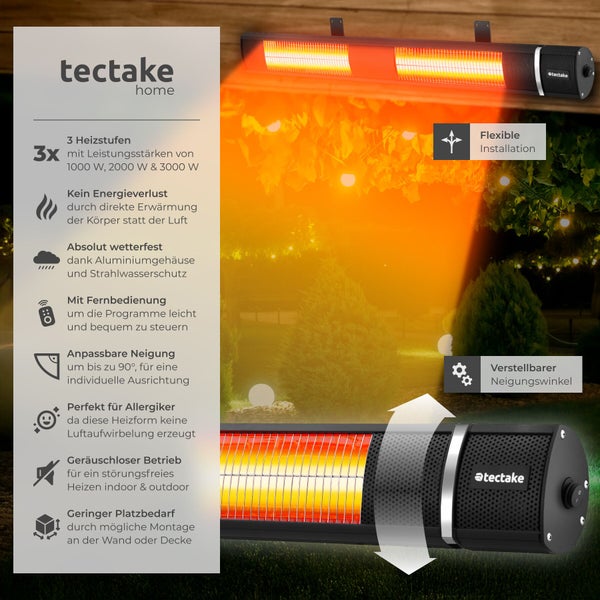 Tectake Infrarot Heizstrahler mit drei Heizstufen von 1000 bis 3000 Watt, Aluminiumgehäuse, Fernbedienung und neigbarem Design für Wand oder Decke.