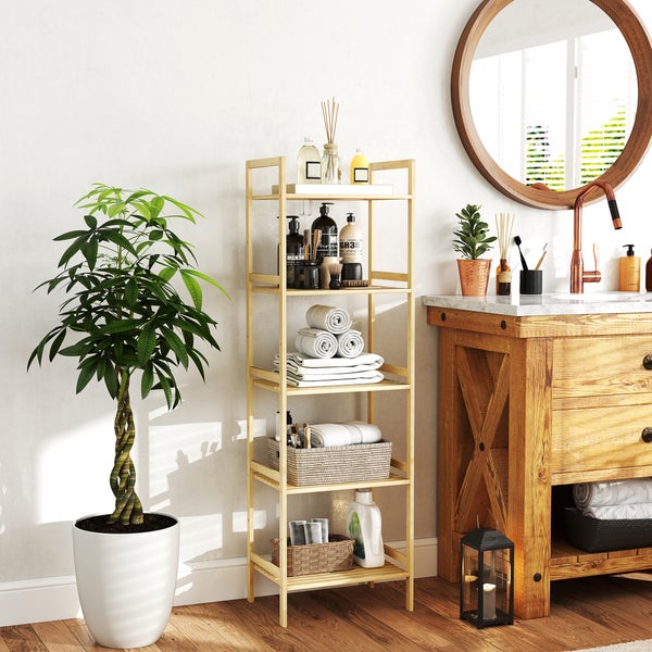 HOMCOM Badregal, Badezimmerregal mit 5 Ebenen, Aufbewahrungsregal aus Bambus, Standregal mit verstellbaren Regalböden für Badezimmer, Wohnzimmer, Küche, 43,5 x 31,5 x 142 cm, Naturholz