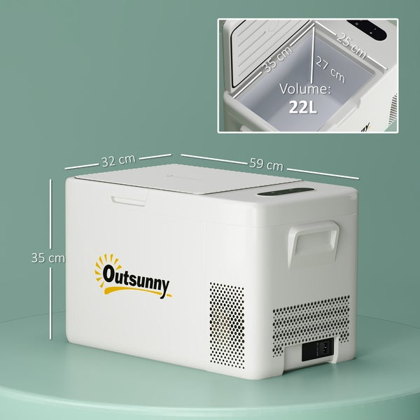 Outsunny 22 Liter Kompressor Kühlbox elektrische Kühlbox mit LED ECO-Modus Anschluss Kühlhaltefunktion leise Gefrierbox Thermobox Mini Kühlschrank 12/220 Volt für Auto Steckdose Camping Cremeweiß