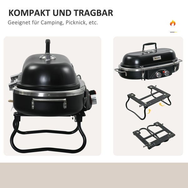Outsunny Gasgrill 2,34 KW Klappbar BBQ Gartengrill inkl 2 Edelstahl-Brenner Druckminderer Gasschlauch Deckel Thermometer, 2 Heizzonen, Camping-Grill für Balkon, 66 x 34,5 x 37 cm