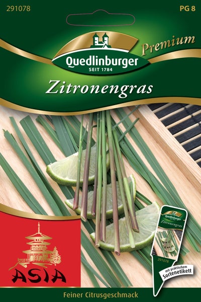Samentüte für Quedlinburger Zitronengras mit Abbildung von Grashalmen und Limettenscheiben.